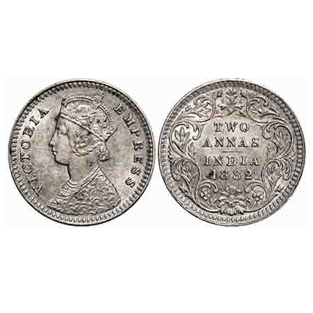 Victoria Empress, Silver, 2 Annas, 1882, Calcutta Mint, B/II, 'C' incused, Die crack on Ob