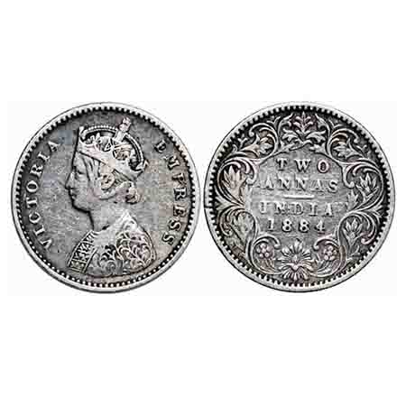 Victoria Empress, Silver, 2 Annas, 1884, Bombay Mint, A/I, No dot. F. Prid 531. GK 769. Ve