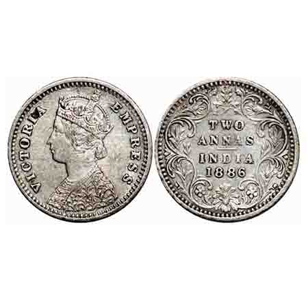Victoria Empress, Silver, 2 Annas, 1886, Bombay Mint, B/II, 'B' incused. F. Prid 539. GK 7