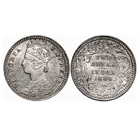 Victoria Empress, Silver, 2 Annas, 1886, Calcutta Mint, B/II, 'C' incused, Die crack on Ob
