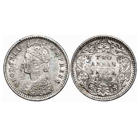 Victoria Empress, Silver, 2 Annas, 1888, Bombay Mint, B/II, 'B' incused, Ghost on Rev. F. 