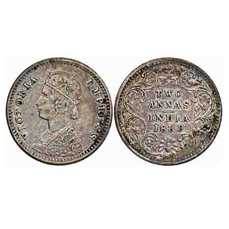 Victoria Empress, Silver, 2 Annas, 1889, Bombay Mint, B/II, 'B' incused F. Prid 542. GK 78