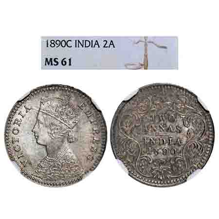 Victoria Empress, Silver, 2 Annas, 1890, Calcutta Mint, B/II, 'C' incused. F. Prid 505. GK