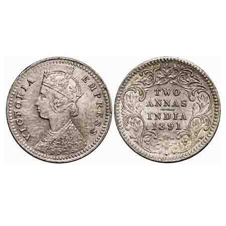 Victoria Empress, Silver, 2 Annas, 1891, Calcutta Mint, B/II, 'C' incused. F. Prid 506. GK