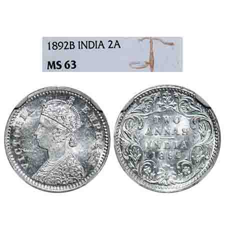 Victoria Empress, Silver, 2 Annas, 1892, Bombay Mint, B/II, 'B' incused. F. Prid 547. GK 7