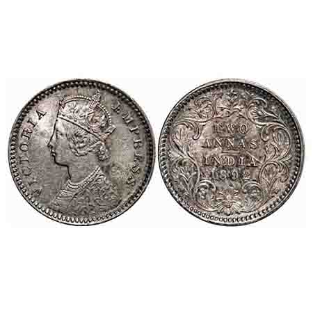 Victoria Empress, Silver, 2 Annas, 1892, Calcutta Mint, B/II, 'C' incused, Die crack on Ob
