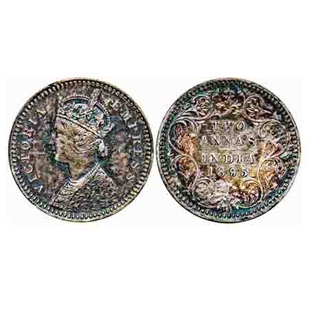 Victoria Empress, Silver, 2 Annas, 1895, Calcutta Mint, B/II, 'C' incused. F. Prid 510. GK