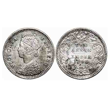 Victoria Empress, Silver, 2 Annas, 1896, Bombay Mint, B/II, 'B' incused. F. Prid 550. GK 8