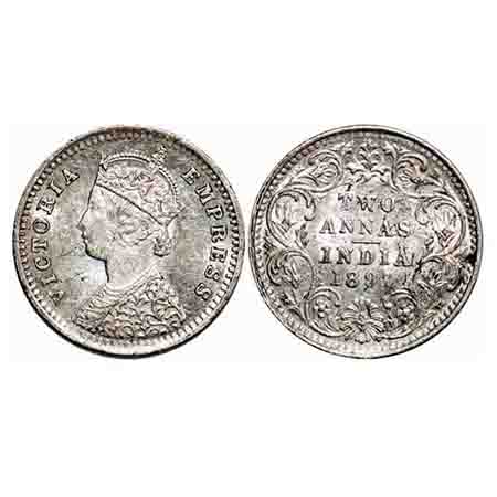 Victoria Empress, Silver, 2 Annas, 1897, Bombay Mint, B/II, 'B' incused. F. Prid 551. GK 8