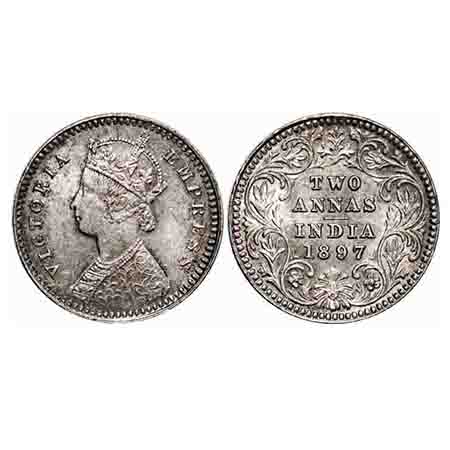 Victoria Empress, Silver, 2 Annas, 1897, Calcutta Mint, B/II. 'C' incused. F. Prid 512. GK