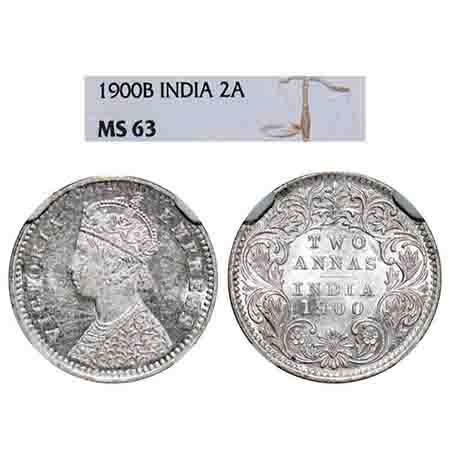 Victoria Empress, Silver, 2 Annas, 1900, Bombay Mint, B/I, 'B' raised. F. Prid 553. GK 812