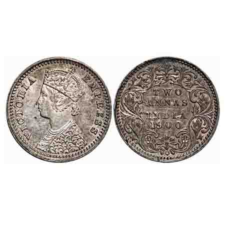 Victoria Empress, Silver, 2 Annas, 1900, Bombay Mint, B/I, 'B' raised. F. Prid 553. GK 812