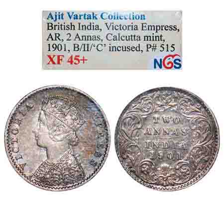 Victoria Empress, Silver, 2 Annas, 1901, Calcutta Mint, B/II, 'C' incused. F. Prid 515. GK