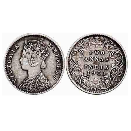 Victoria Empress, Silver, 2 Annas, 1901, Calcutta Mint, B/II, 'C' incused. F. Prid 515. GK