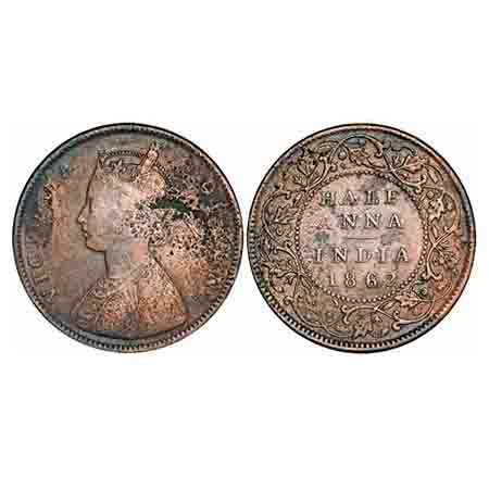 Victoria Queen, Copper, Half Anna, 1862, Madras Mint, A/I, Smugged type flowers. F. Prid 5