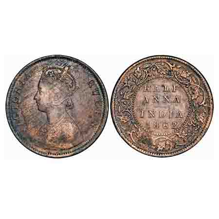 Victoria Queen, Copper, Half Anna, 1862, Madras Mint, A/I(i), Flowers with 5 dots around a