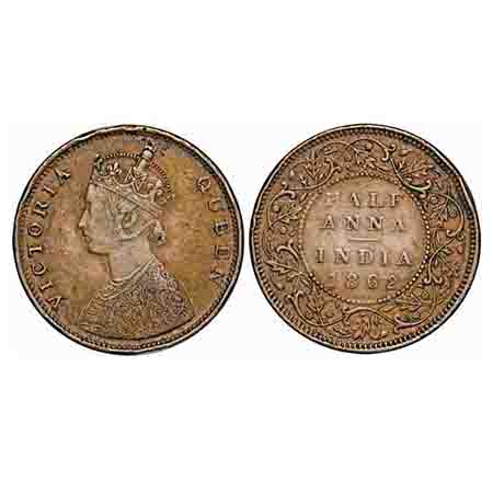 Victoria Queen, Copper, Half Anna, 1862, Madras Mint, A/I(i), Flowers with five dots aroun