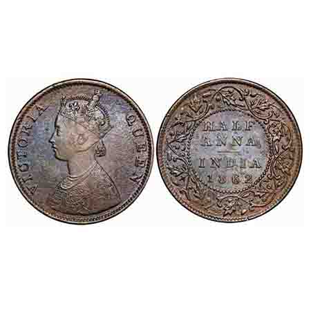 Victoria Queen, Copper, Half Anna, 1862, Madras Mint, A/I(i), Flowers with five dots aroun