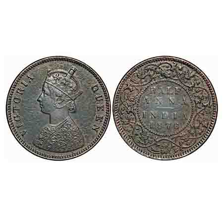 Victoria Queen, Copper, Half Anna, 1876, Calcutta Mint, B/II. F. Prid 584. GK 819. Extreme