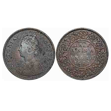 Victoria Empress, Copper, Half Anna, 1877, Bombay Mint, B/II. F. Prid 586. GK 820. Very Fi
