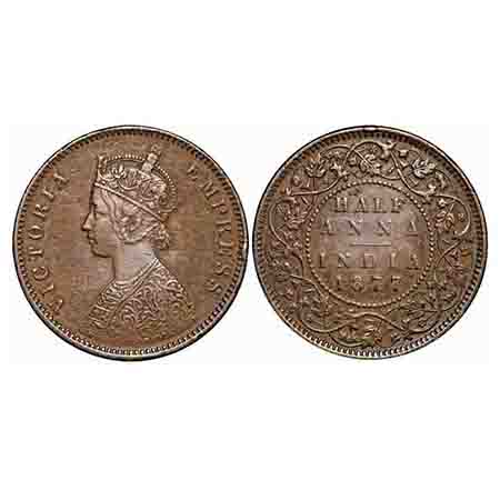 Victoria Empress, Copper, Half Anna, 1877, Calcutta Mint, C/II. F. Prid unlisted. GK 821. 