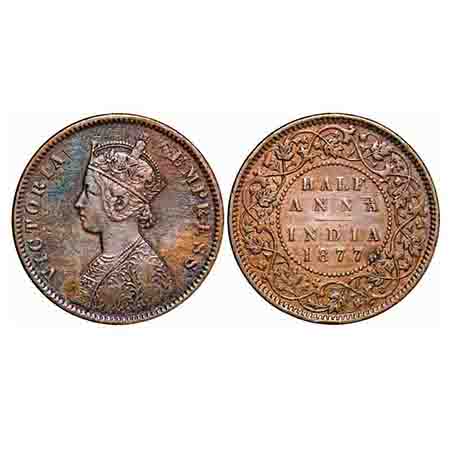 Victoria Empress, Copper, Half Anna, 1877, Calcutta Mint, C/II. F. Prid Unlisted. GK 821. 