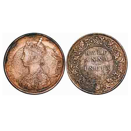 Victoria Queen, Copper, Quarter Anna, 1862, Madras Mint, A/I, Sumugged type flowers. F. Pr