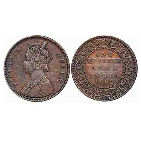 Victoria Queen, Copper, Quarter Anna, 1862, Bombay Mint, A/I, Dot, Tiny 'V' incused, With