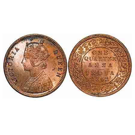 Victoria Queen, Copper, Quarter Anna, 1862, Madras Mint, A/I, No mint mark. F. Prid 604. G