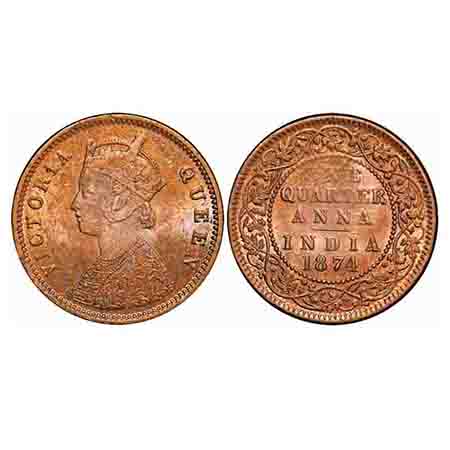Victoria Queen, Copper, Quarter Anna, 1874, Calcutta Mint, B/II, No mint mark. F. Prid 608