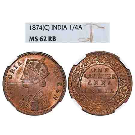 Victoria Queen, Copper, Quarter Anna, 1874, Calcutta Mint, B/II, No mint mark. F. Prid 608