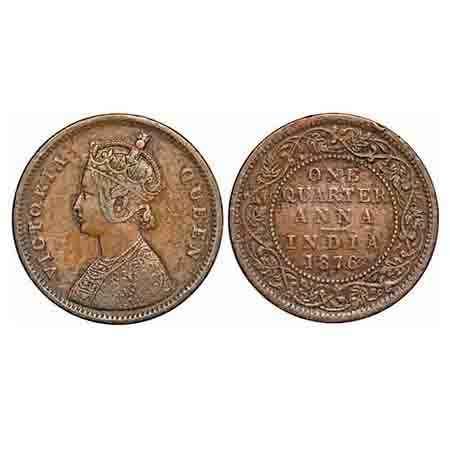 Victoria Queen, Copper, Quarter Anna, 1876, Bombay Mint, A/I, No mint mark. F. Prid 636. G