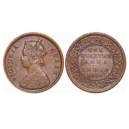 Victoria Queen, Copper, Quarter Anna, 1876, Bombay Mint, A/I, No mint mark. F. Prid 636. G