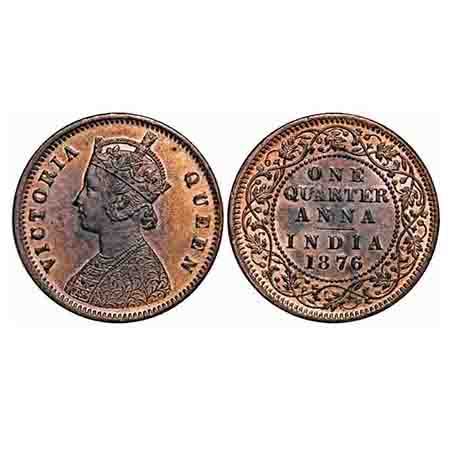 Victoria Queen, Copper, Quarter Anna, 1876, Calcutta Mint, B/II, No mint mark. F. Prid 610