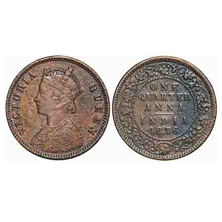 Victoria Queen, Copper, Quarter Anna, 1876, Calcutta Mint, B/II, No mint mark. F. Prid 610