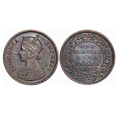 Victoria Empress, Copper, Quarter Anna, 1877, Bombay Mint, B/I, No mint mark. F. Prid 637.