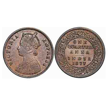 Victoria Empress, Copper, Quarter Anna, 1877, Calcutta Mint, B/II, No mint mark. F. Prid 6
