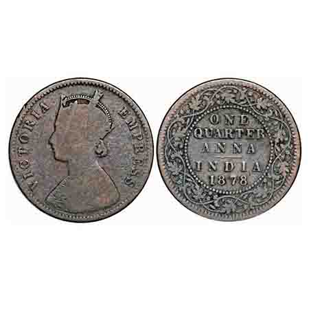 Victoria Empress, Copper, Quarter Anna, 1878, Calcutta Mint, B/II, No mint mark. F. Prid 6