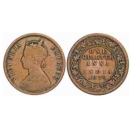 Victoria Empress, Copper, Quarter Anna, 1879, Calcutta Mint, B/II, 'C' incused. F. Prid 61