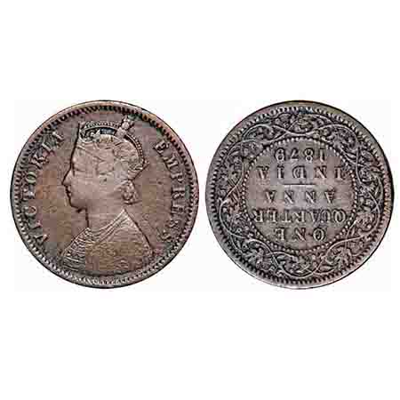 Victoria Empress, Copper, Quarter Anna, 1879, Error, Rev inverted. F. Prid 613. GK 831. Ve