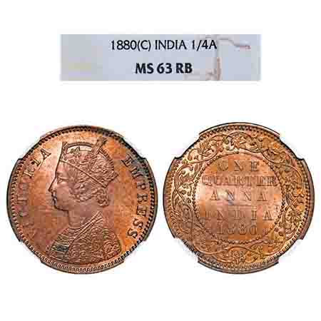 Victoria Empress, Copper, Quarter Anna, 1880, Calcutta Mint, B/II, 'C' incused. F. Prid 61