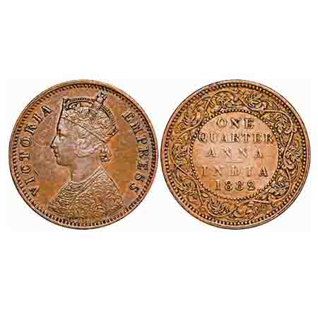 Victoria Empress, Copper, Quarter Anna, 1882, Bombay Mint, B/I, No mint mark. F. Prid 638.