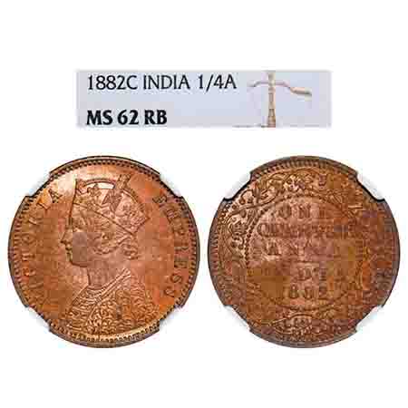 Victoria Empress, Copper, Quarter Anna, 1882, Calcutta Mint, B/II, 'C' incused. F. Prid 61