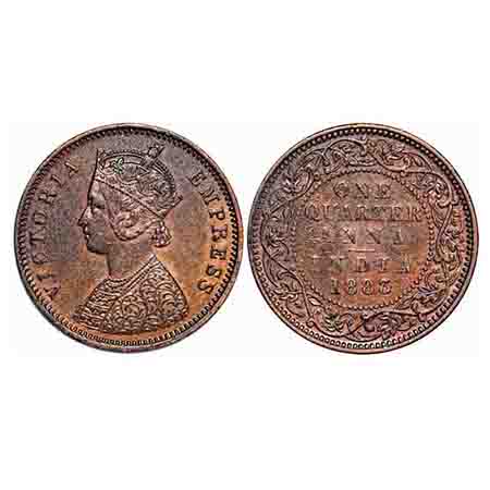 Victoria Empress, Copper, Quarter Anna, 1883, Bombay Mint, B/I, No mint mark. F. Prid 639.
