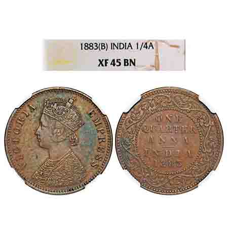 Victoria Empress, Copper, Quarter Anna, 1883, Bombay Mint, B/I, No mint mark. F. Prid 639.
