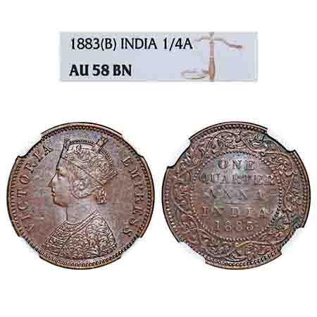 Victoria Empress, Copper, Quarter Anna, 1883, Bombay Mint, B/I, No mint mark. F. Prid 639.