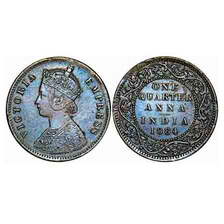 Victoria Empress, Copper, Quarter Anna, 1884, Bombay Mint, B/I, No mint mark. F. Prid 640.