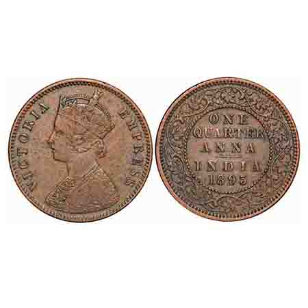 Victoria Empress, Copper, Quarter Anna, 1895, Calcutta Mint, B/II, No mint mark. F. Prid 6