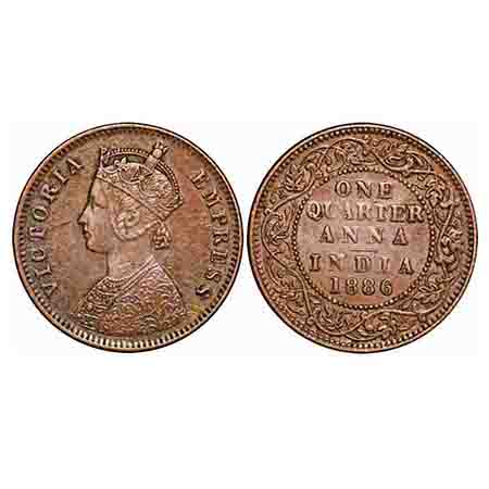 Victoria Empress, Copper, Quarter Anna, 1886, Bombay Mint, B/I, No mint mark. F. Prid 641.