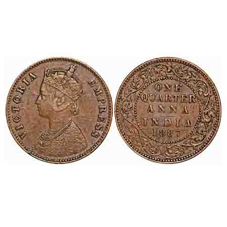 Victoria Empress, Copper, Quarter Anna, 1887, Bombay Mint, B/I, No mint mark. F. Prid 642.